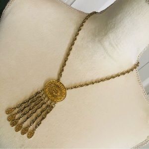 Vintage gold medallion fringe braided chain necklace